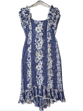 Vtg Milson Ky’s Hawaiian Muumuu Maxi Dress 2XL Blue White Hibiscus Ruffle